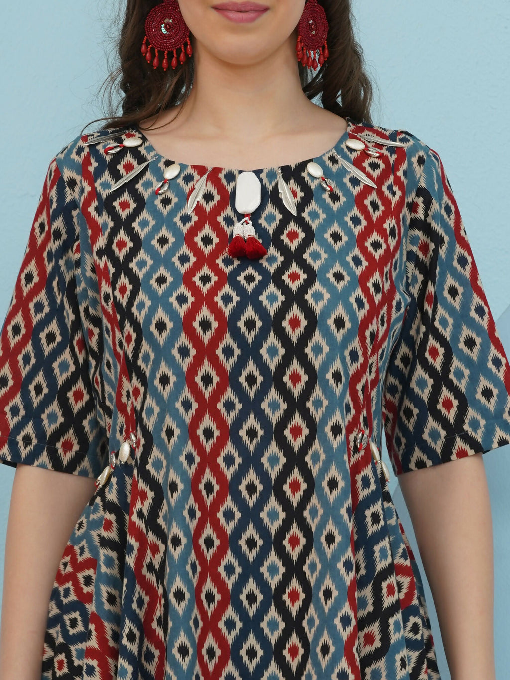 Blue Red Ikkat Printed Cotton Co-ord Set