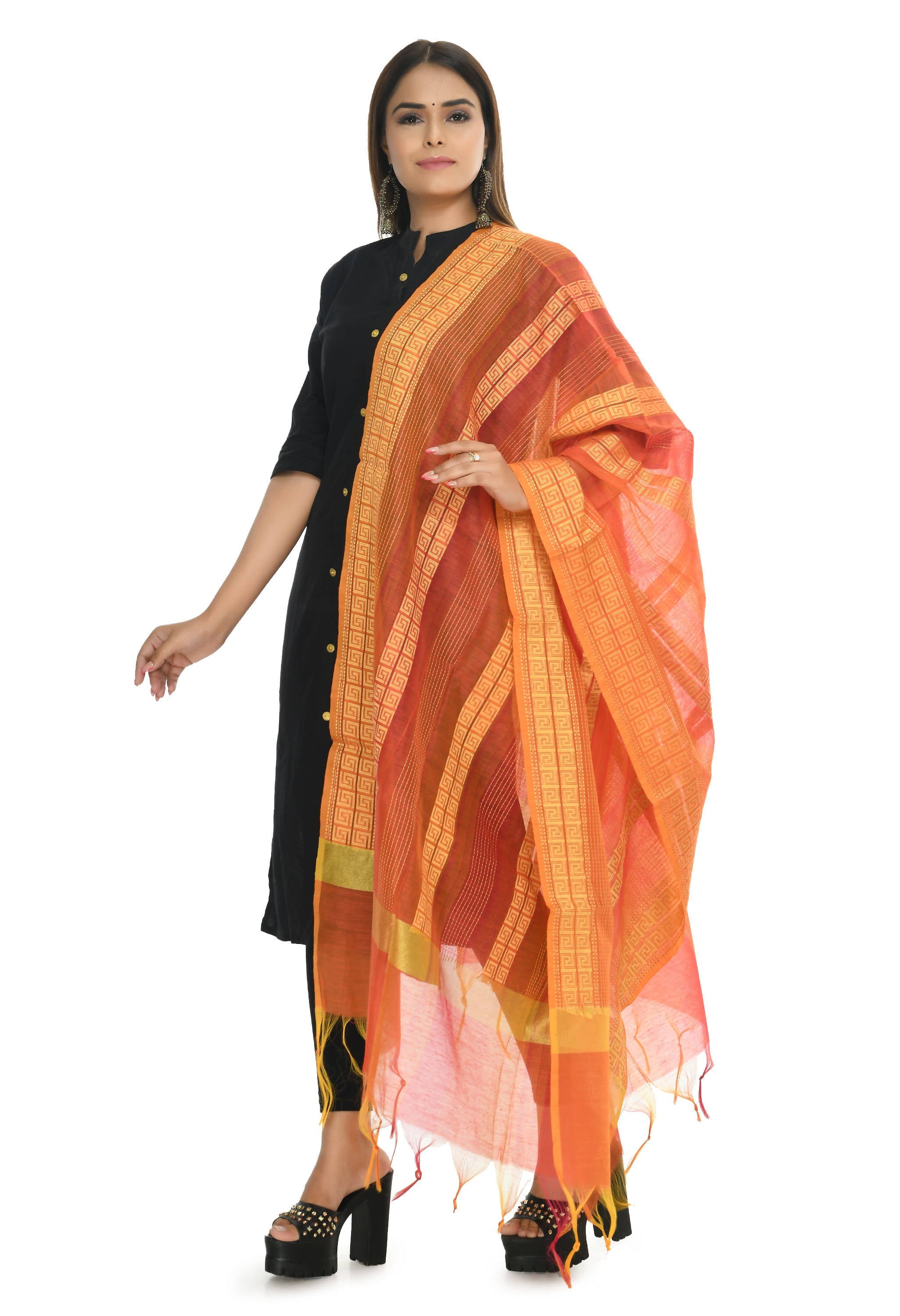 Orange Tone Handloom Cotton Dupatta - Traditional Ethnic Stole