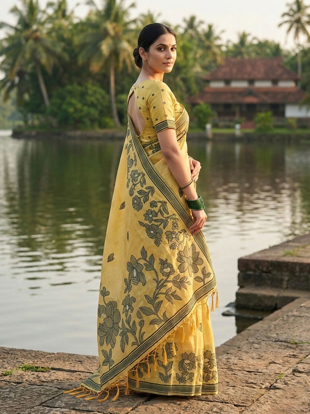 Yellow Linen Cotton Saree with Matching Blouse Piece