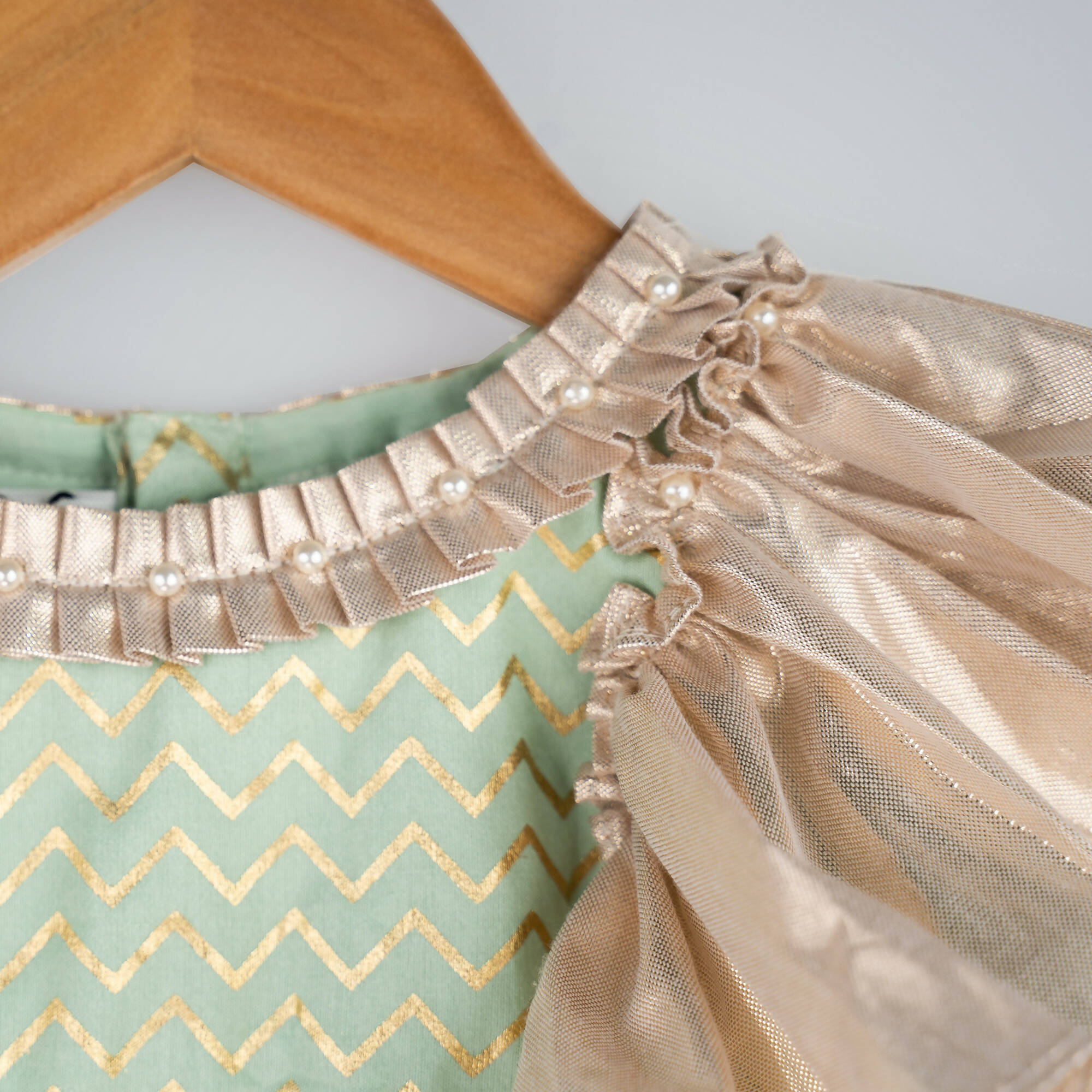 Girls Green and Gold Printed Dress with Bell Sleeves