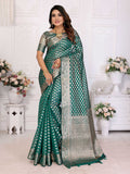 Aastha Fashion green organza silk saree with detailed weaving work and matching blouse piece
