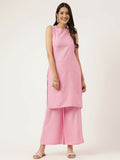 Pink Rayon straight kurta with detailed embroidery and matching bottoms