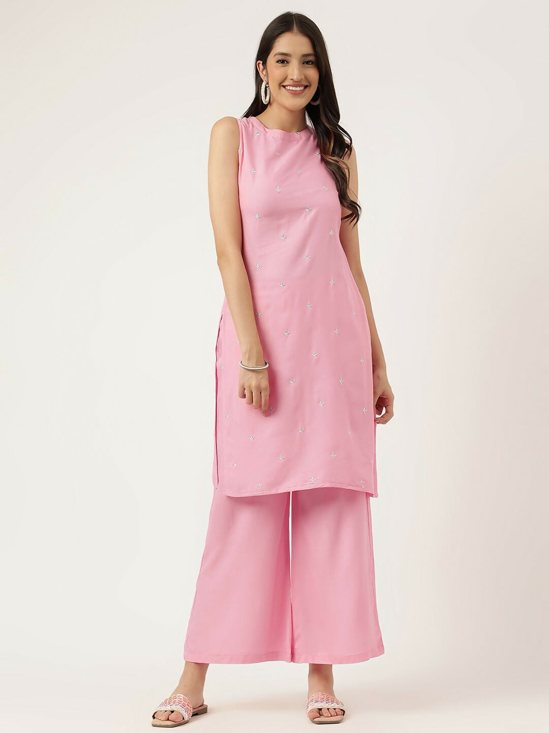 Pink Rayon straight kurta with detailed embroidery and matching bottoms