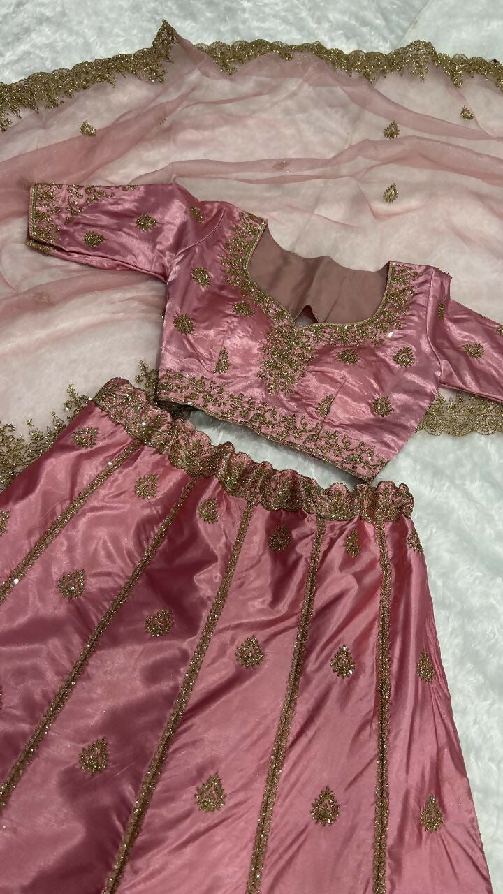 Onion Japan Satin Silk Embroidered Lehenga Choli Set with Sequins