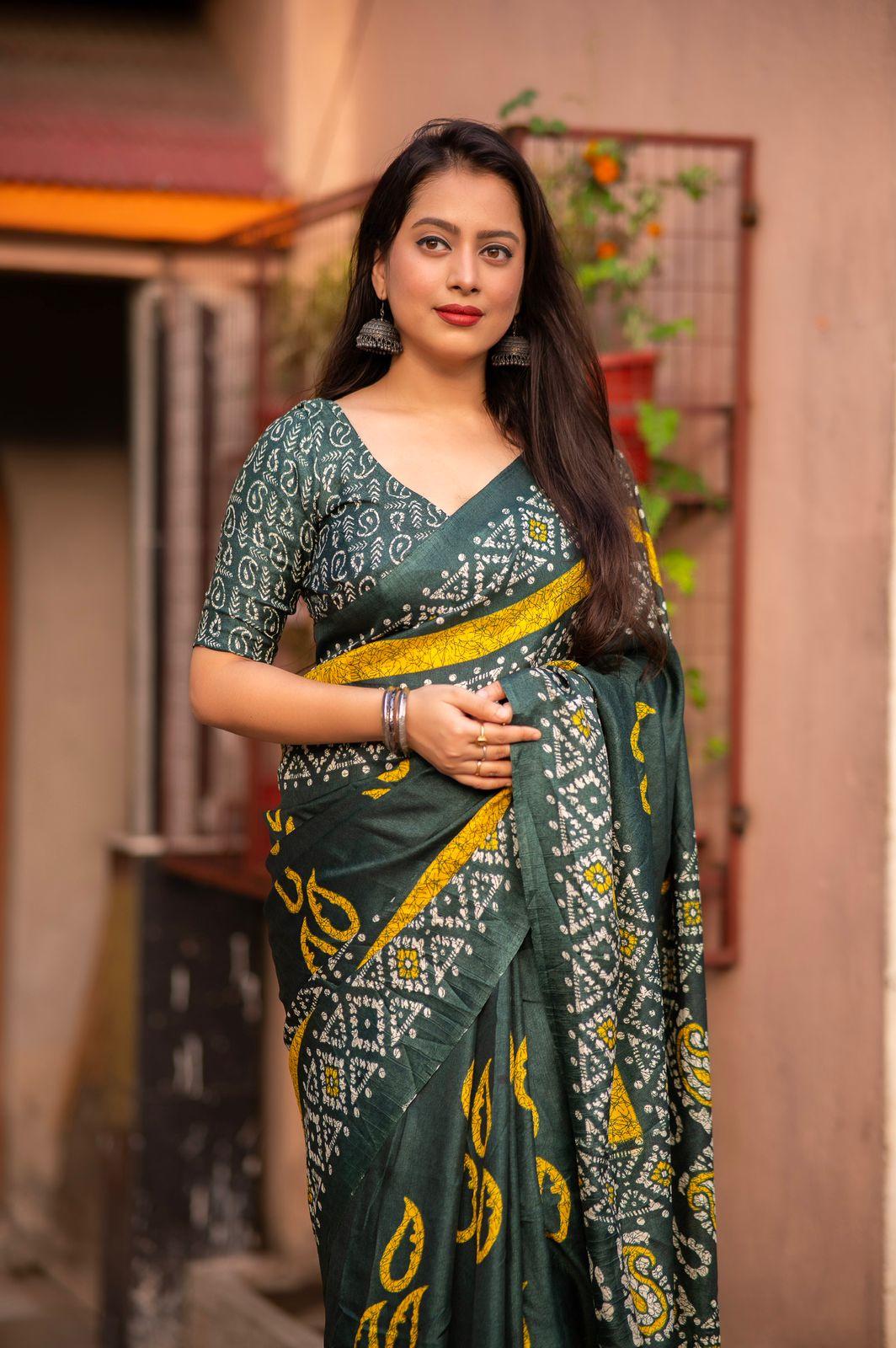 Green Silk Blend Batik Print Saree with Running Blouse
