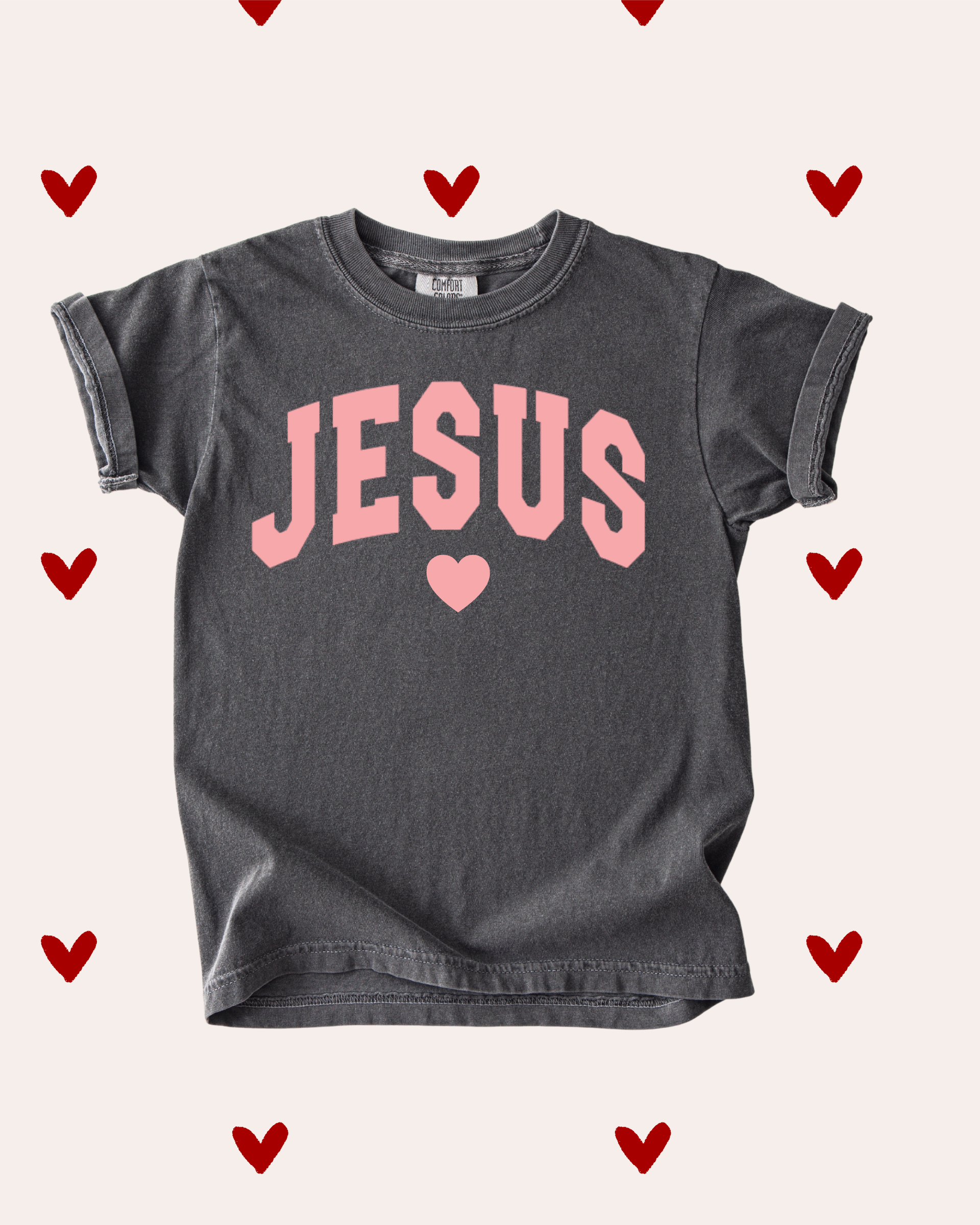 JESUS Varsity Tee with Valentine's Day themed graphic design in 100% cotton