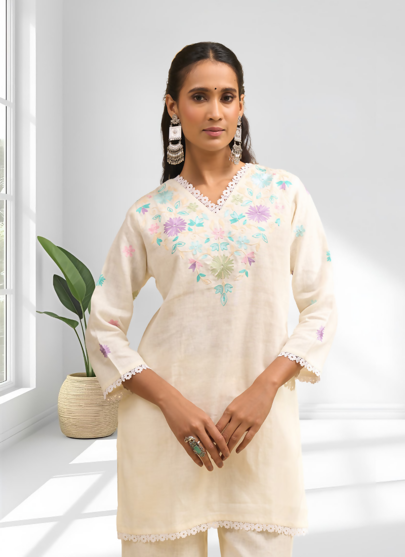 Cream Linen Embroidered Cord Set with V-Neck