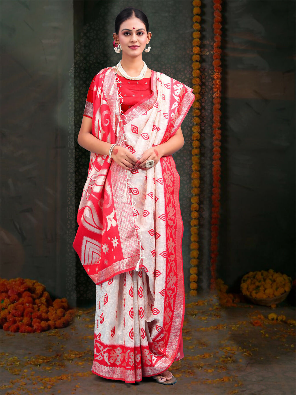 Devistuti Red and White Linen Cotton Saree with Blouse