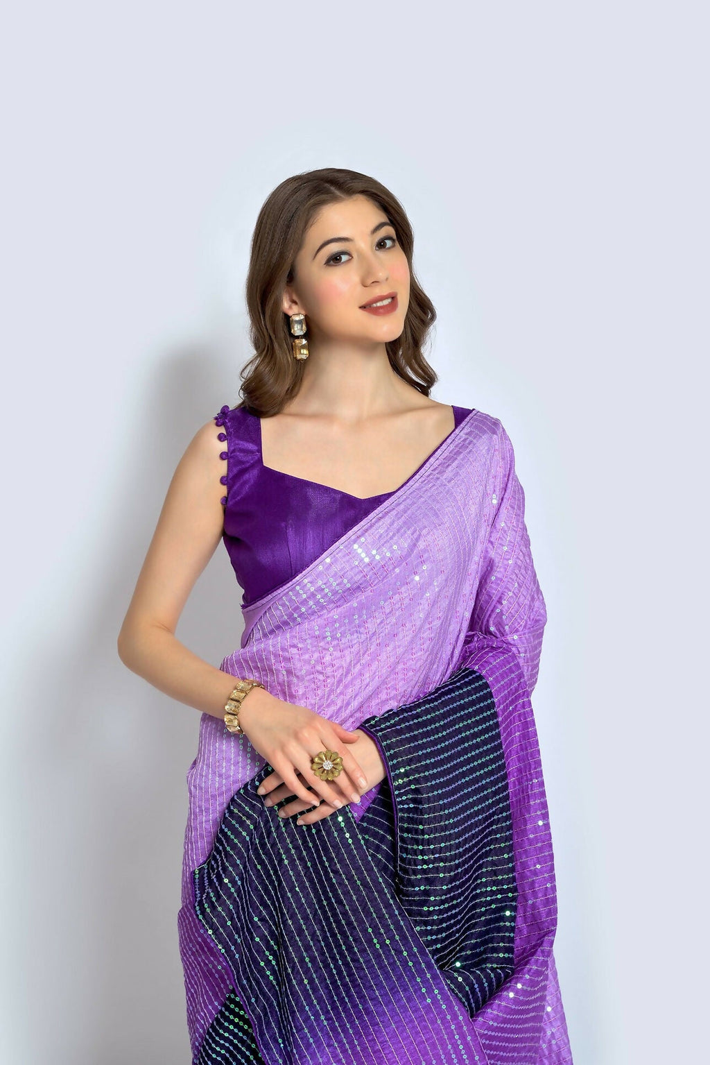 Lavender Vichitra Silk Embroidered Saree with Matching Blouse