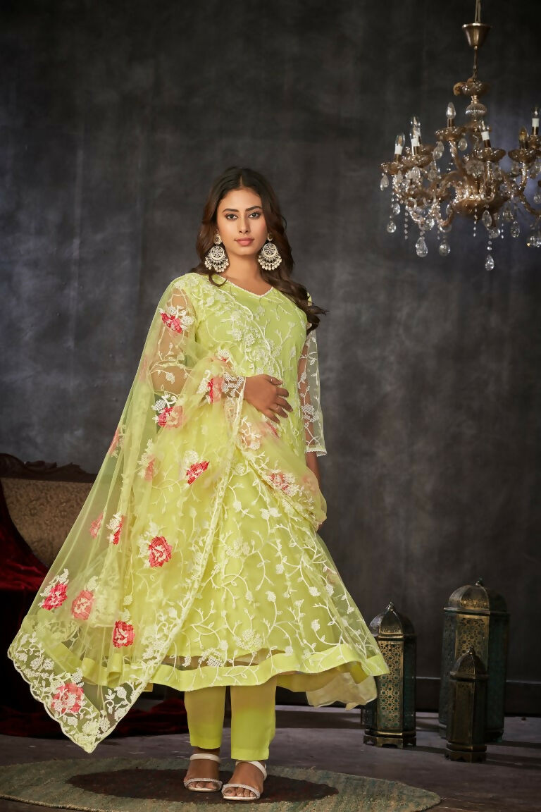 Women's Pista Net Embroidered Anarkali Kurta Pant Set