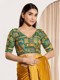 Bottle green viscose rayon blouse with elbow-length sleeves and a V-neck.