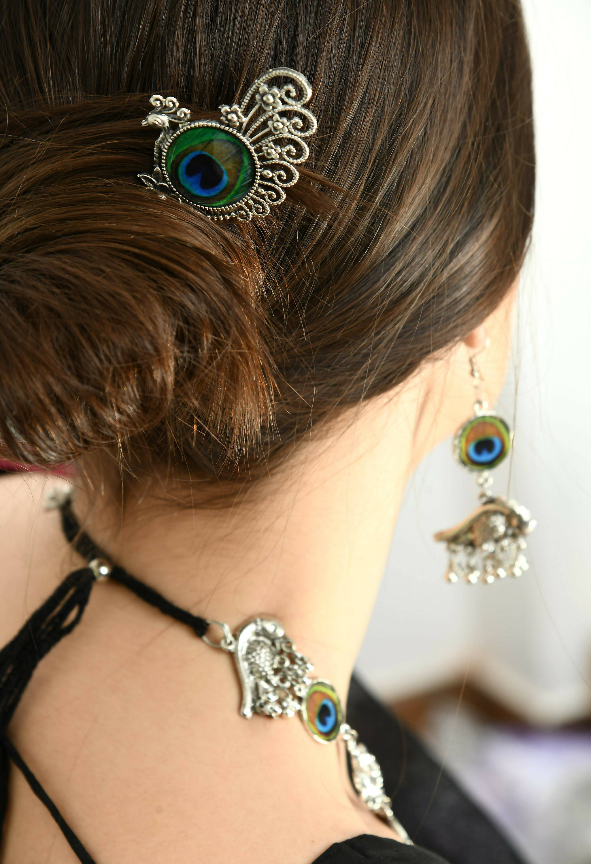 Peacock Design Oxidised Silver-Plated Long Necklace Set
