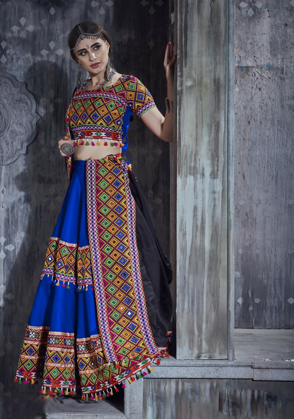 Blue designer art silk lehenga choli with a black dupatta, perfect for festive occasions and Navratri.