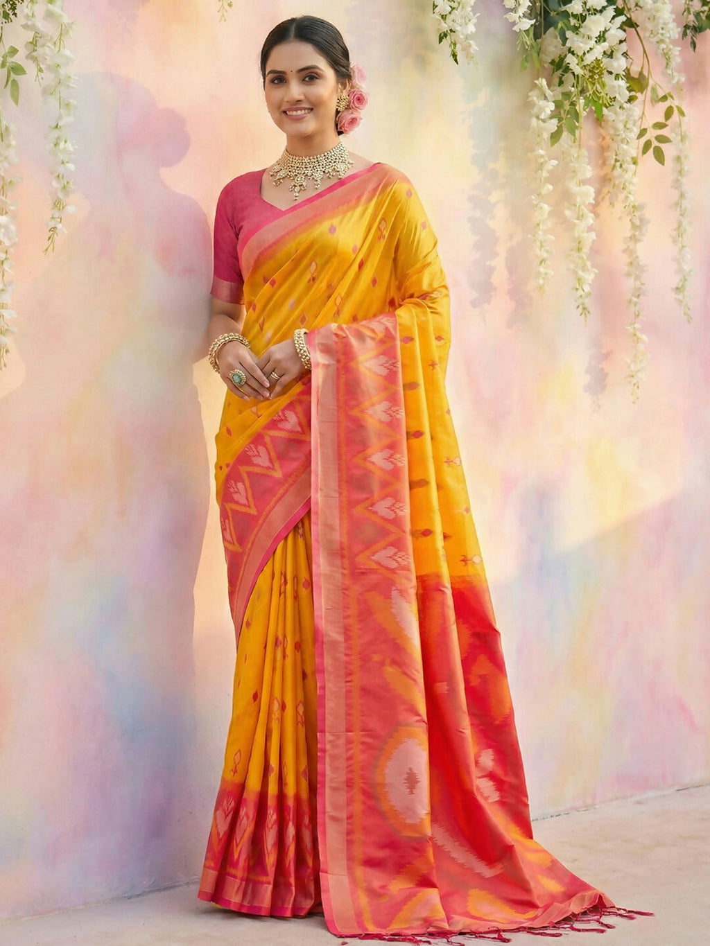 Beautiful yellow soft silk saree with a lustrous finish and matching blouse piece.