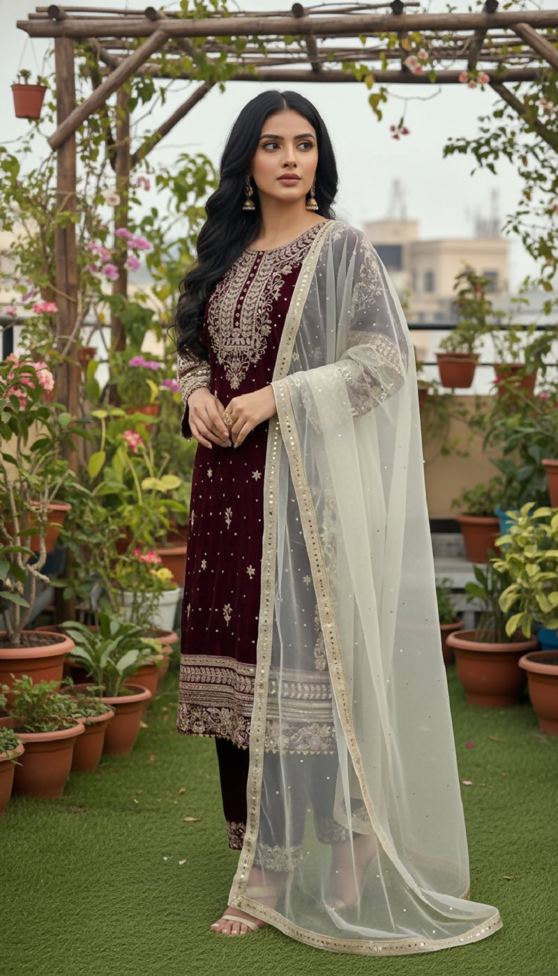 Maroon velvet kurta set featuring ornate embroidery and sequence work