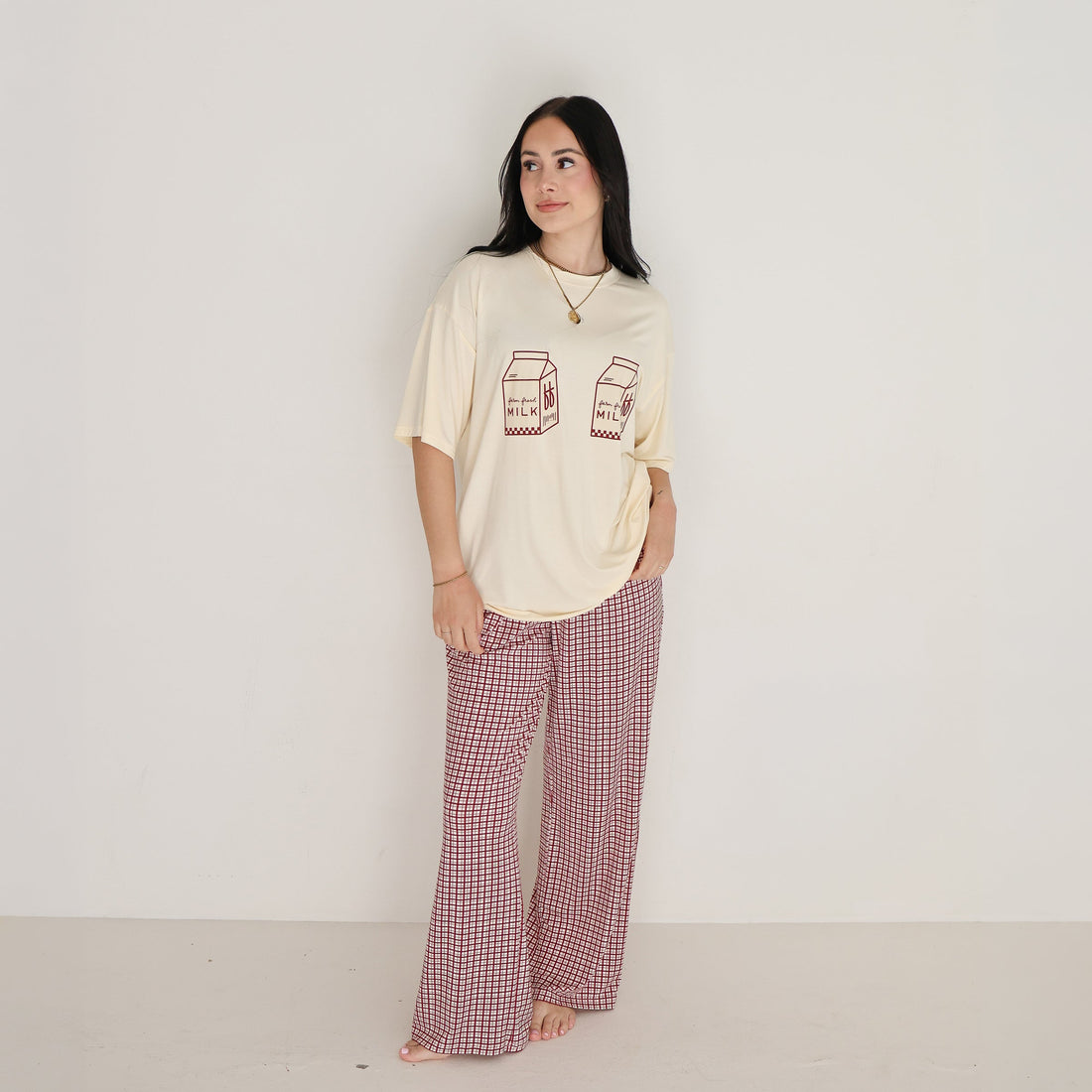 Women's Bamboo Lounge Set Milk and Window Pane Print - Image 2