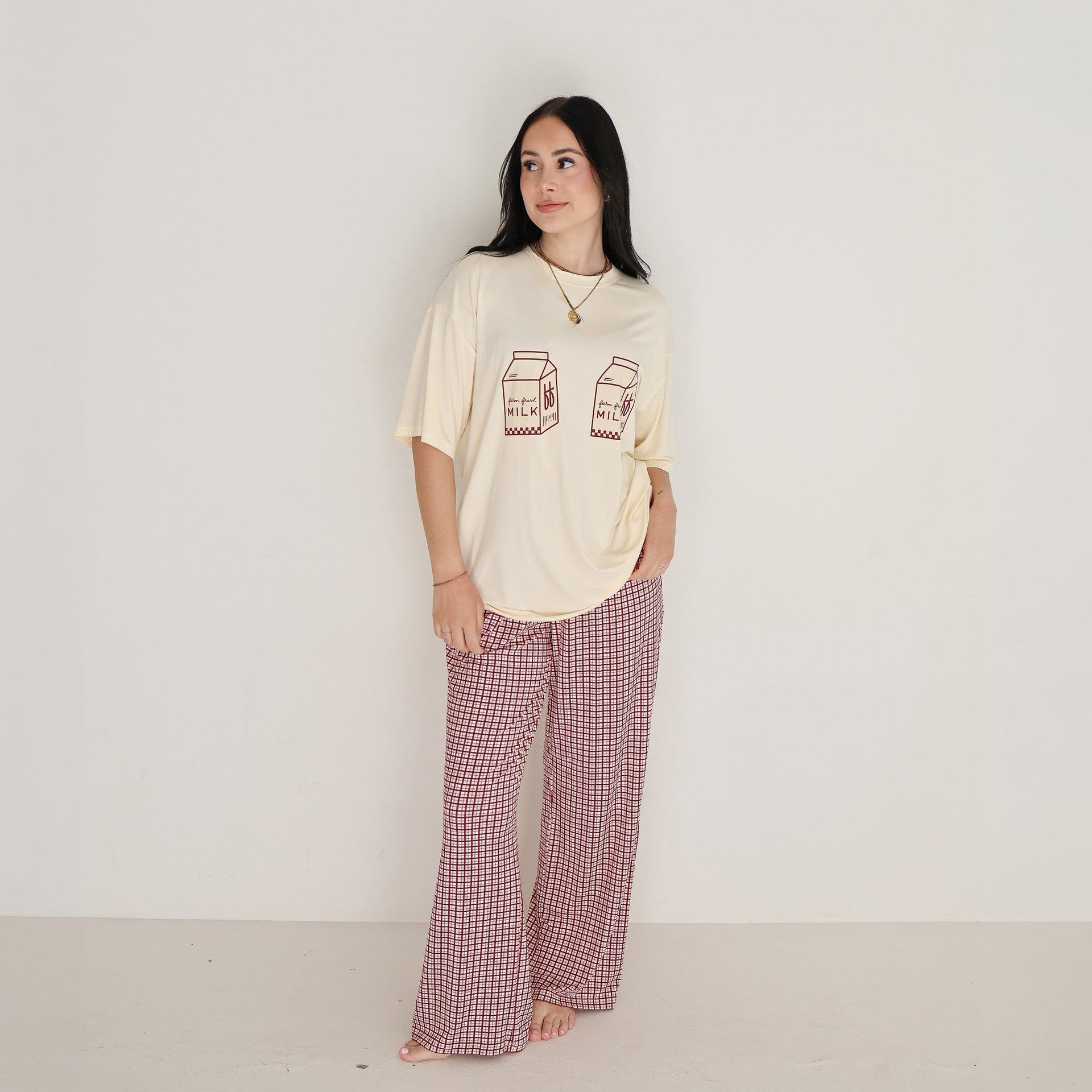 Women's Bamboo Lounge Set Milk and Window Pane Print - Image 2