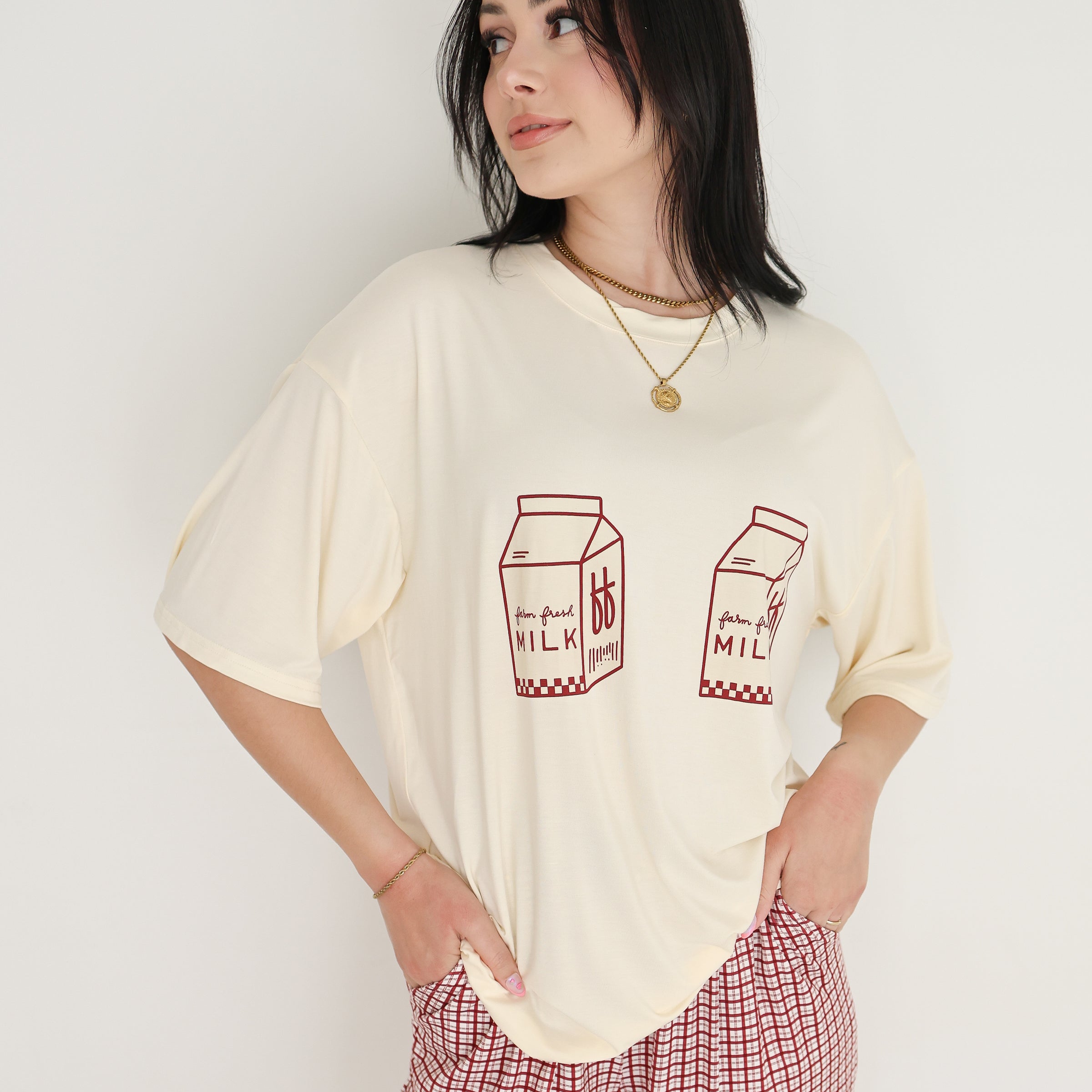 Women's Bamboo Lounge Set Milk and Window Pane Print - Image 7