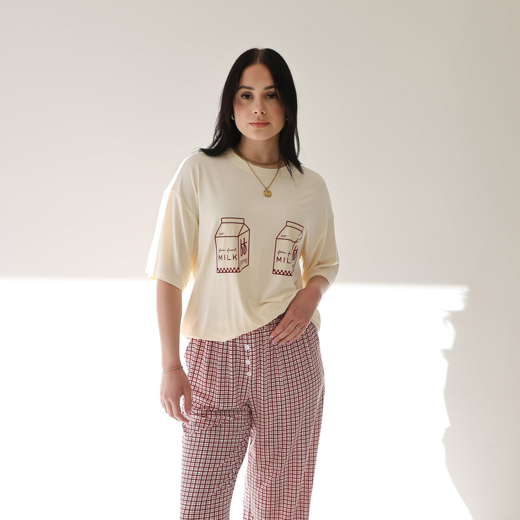 Women's Bamboo Lounge Set Milk and Window Pane Print - Image 6