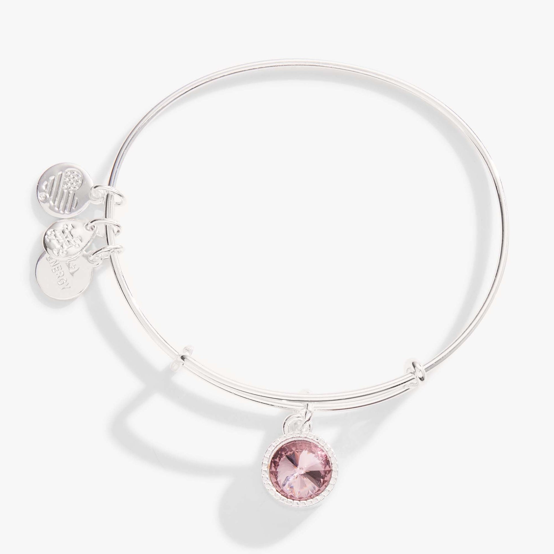 Light Amethyst June birthstone charm bangle in a minimalist expandable design