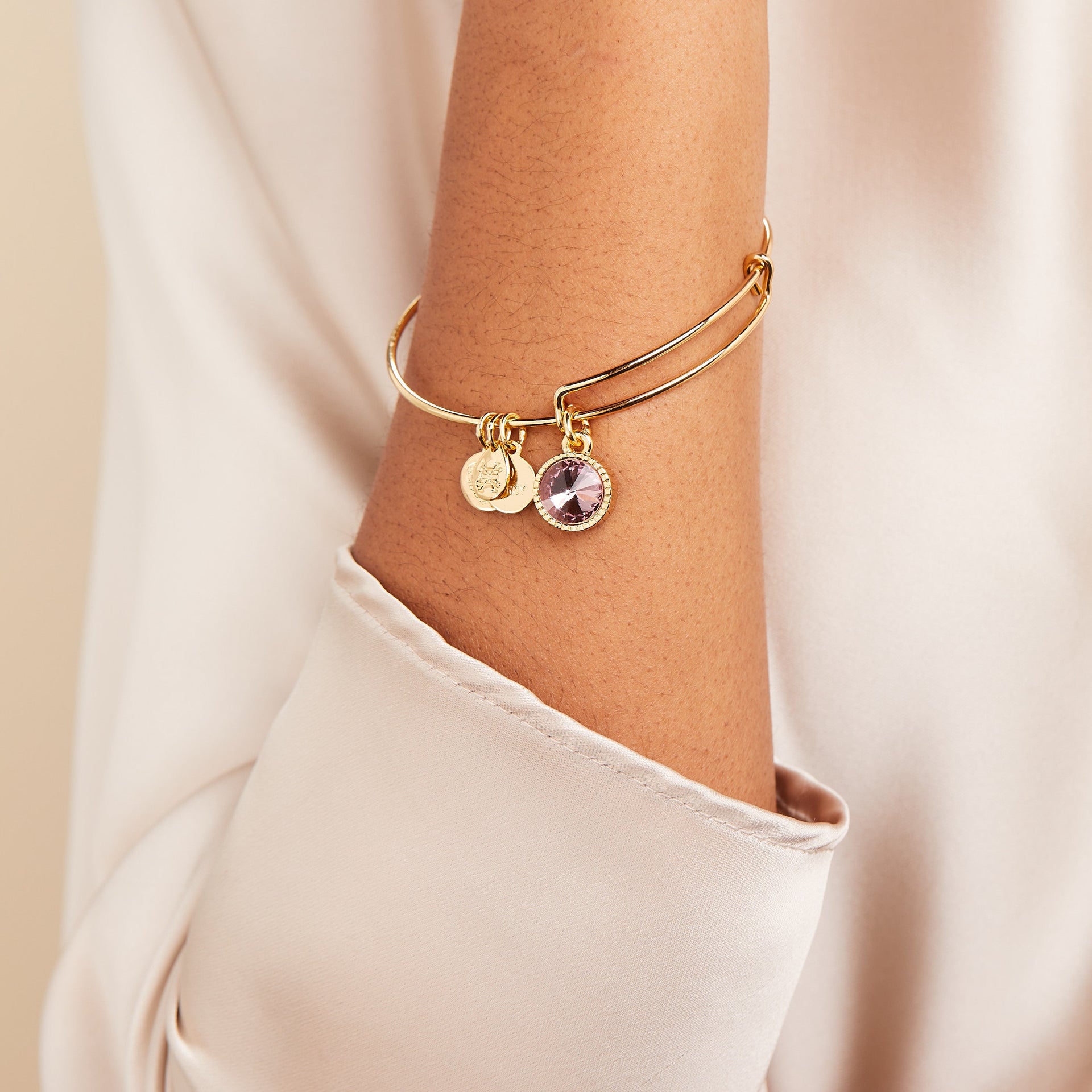 Light Amethyst June Birthstone Expandable Crystal Charm Bangle