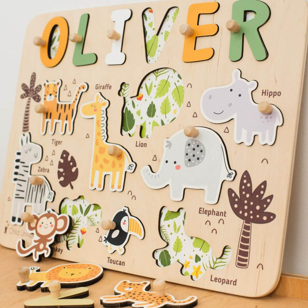 Personalized Jungle Themed Name Puzzle Board - Wooden Gift