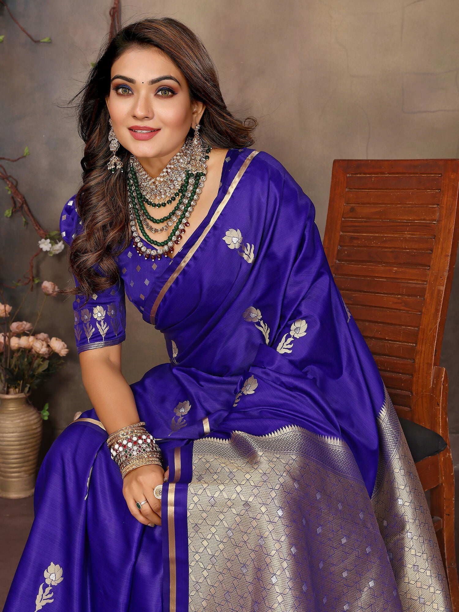 Indigo Blue Satin Silk Banarasi Saree with Floral Botanical Motifs