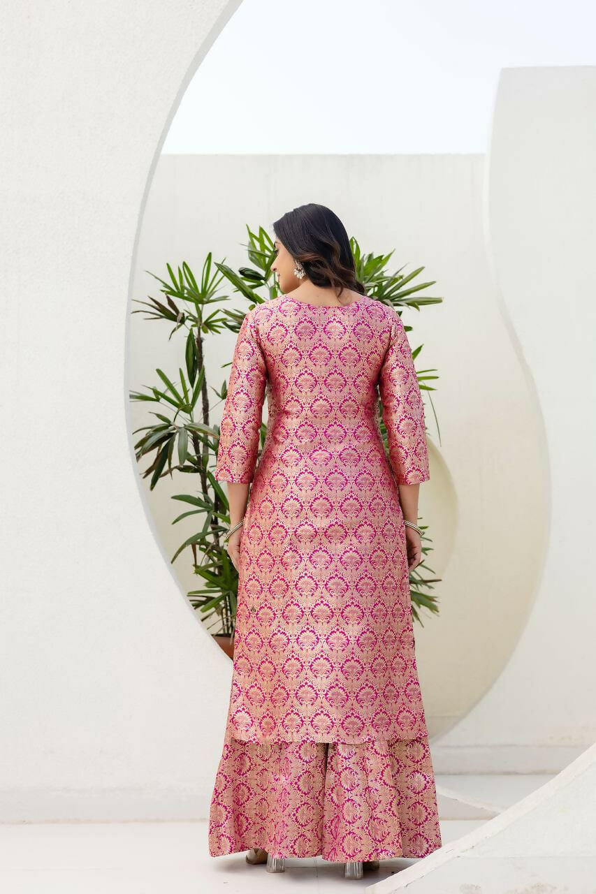 Pink Jacquard Embroidered Sharara Set with Matching Kurti & Pant