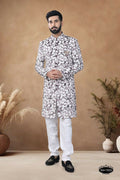 Men wearing a brown suede velvet Indo-Western kurta set with detailed thread and sequence embroidery.