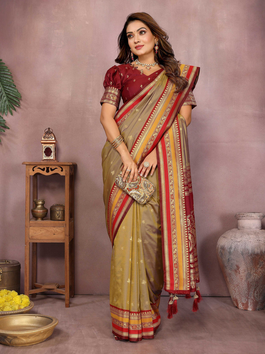 Khaki Kalamkari Silk Weaving Saree with Traditional Ethnic Design