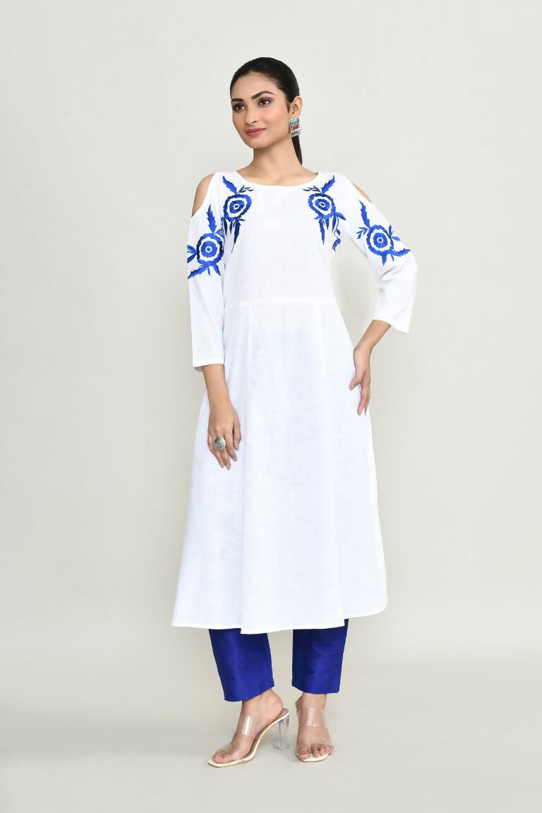 Elegant white rayon kurta paired with high-quality Dupion silk bottoms