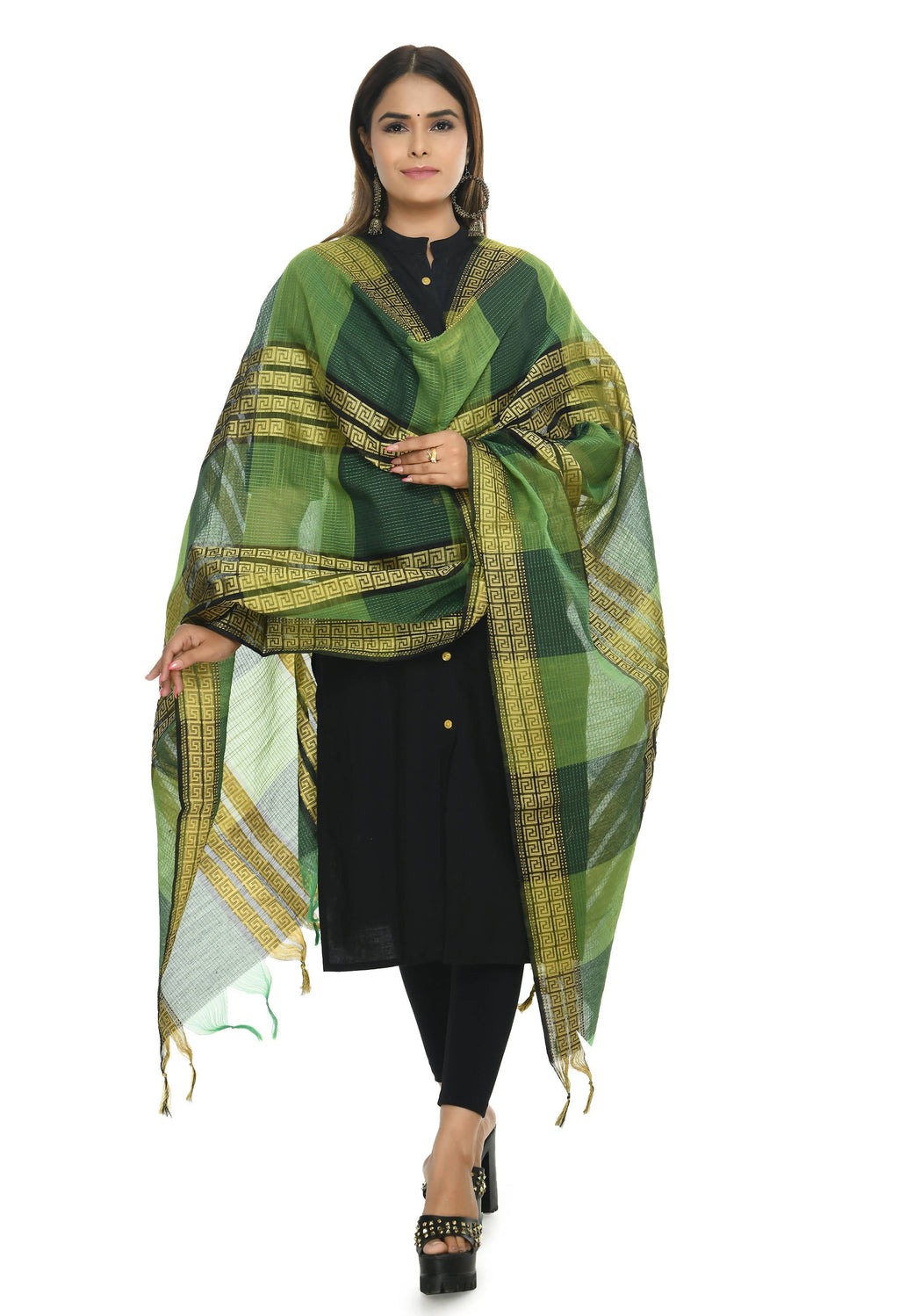 Green tone handloom cotton dupatta showcasing rich fabric texture and natural drapes