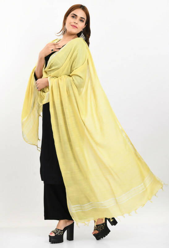 Lemon Yellow Linen Cotton Dupatta with Elegant Silver Border