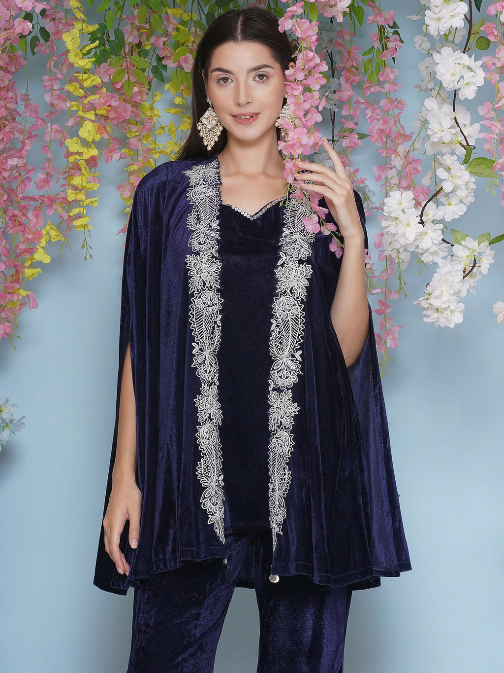 Joban Fashion Navy Blue Velvet Cape Set