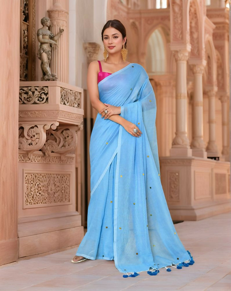 A beautiful sky blue cotton saree, perfect for a fresh and trendy ethnic look.