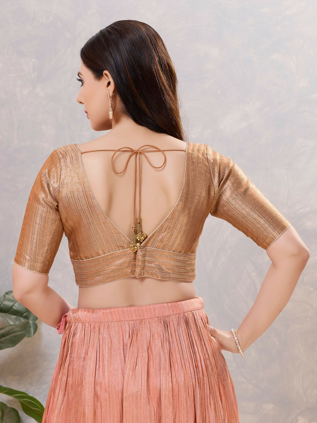 Women's Copper Jacquard Stitched Blouse with V-Neck and Sleeves