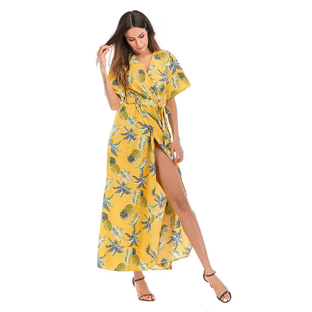Women's Navy Blue Feather Print V-Neck Summer Maxi Dress - Image 19