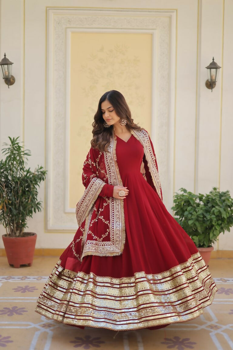 Maroon Faux Blooming Sequins Zari Embroidered Anarkali Dress