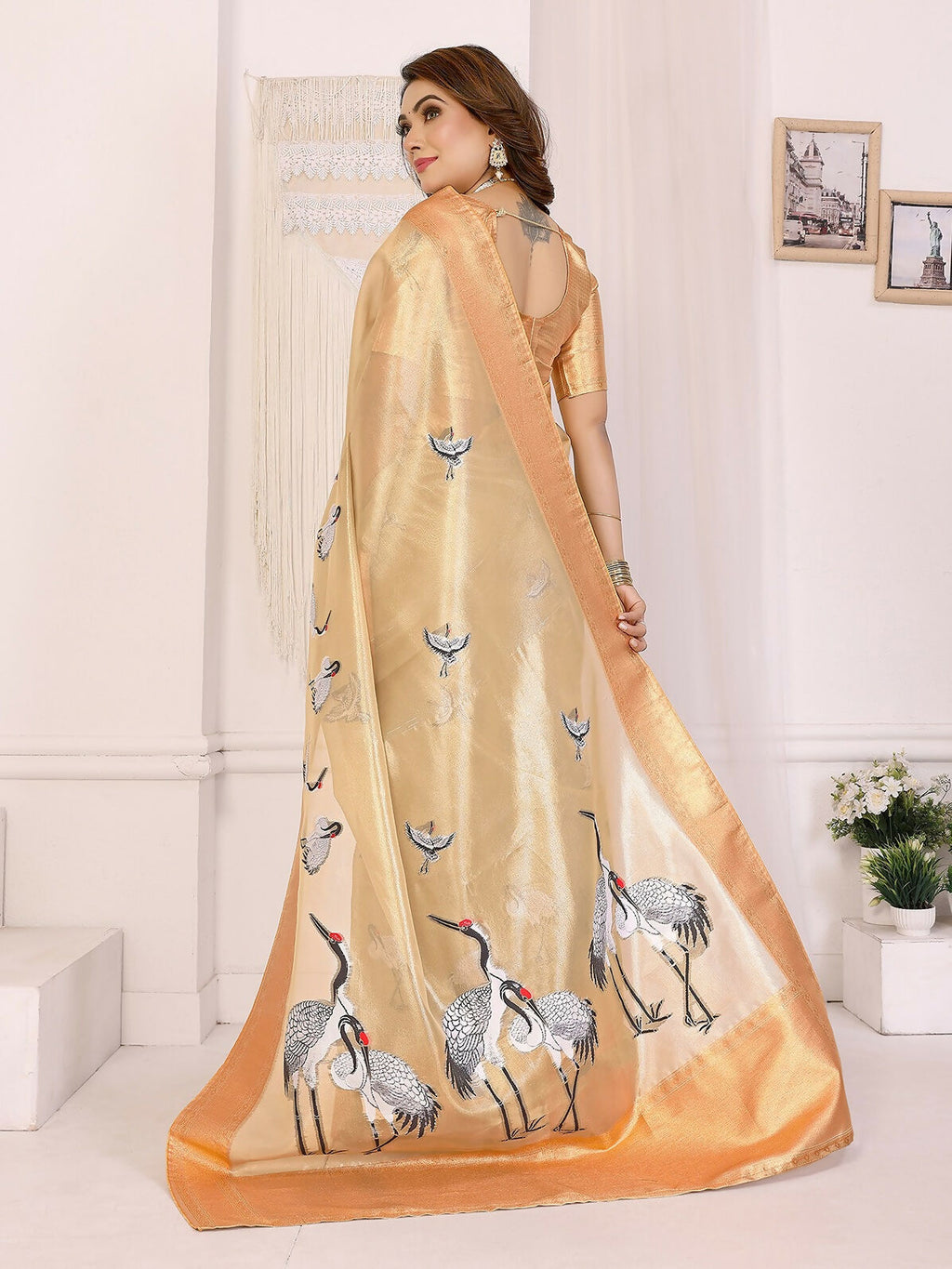 Golden Crane Pattern Banarasi Silk Saree in Gold and White