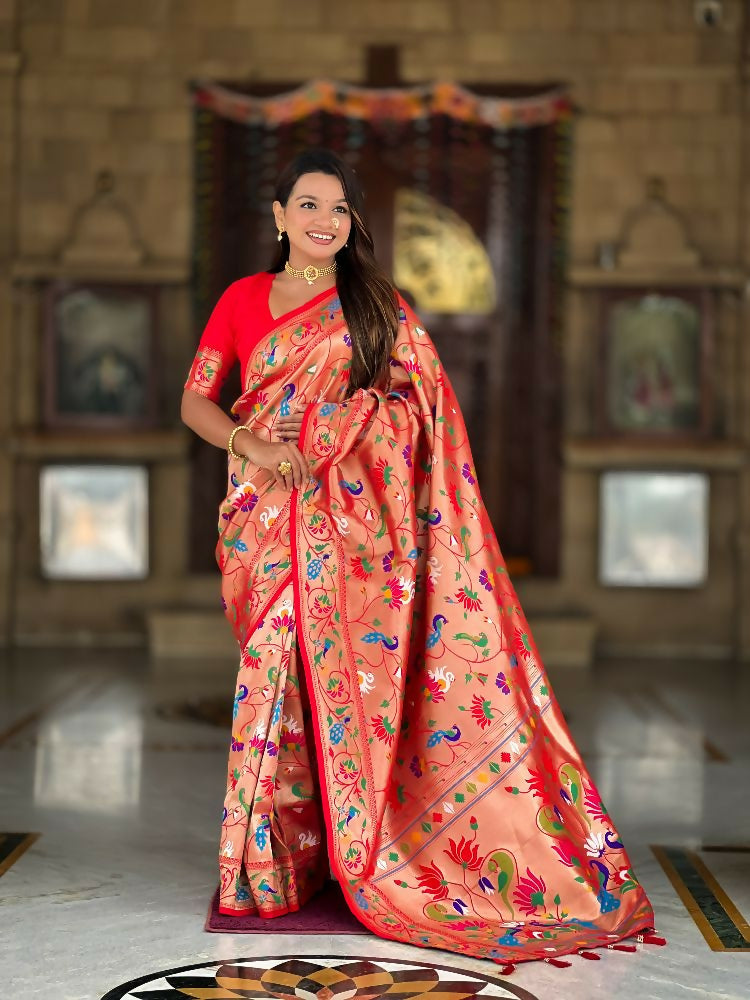 Red Kanjivaram Paithani Silk saree with intricate Zari and Meenakari weaving