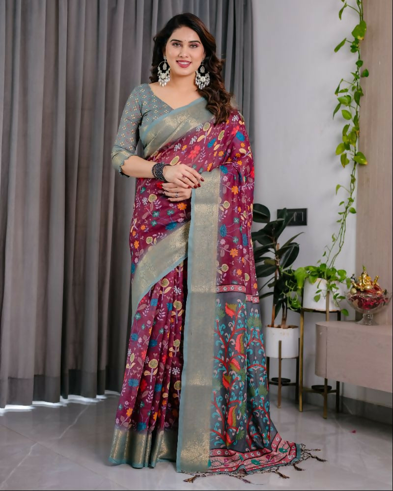 PR Fashion Purple Pure Handloom Linen Saree