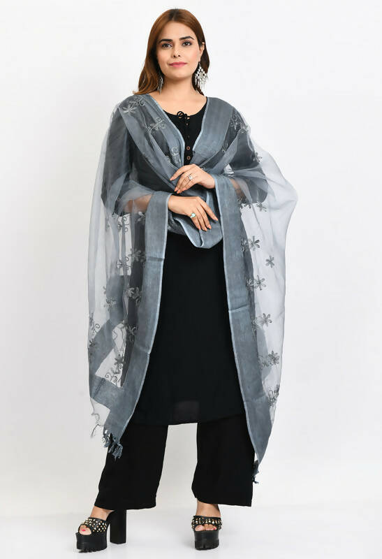 Grey Organza Dupatta with All Over Chikan Embroidery Work