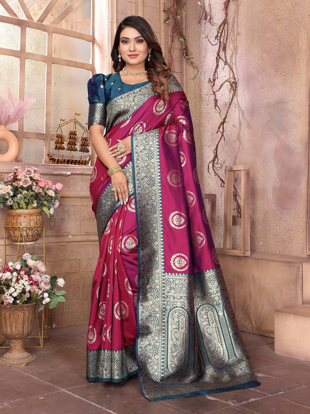 Magenta color Banarasi soft silk saree with traditional woven pattern