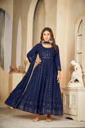 Elegant blue georgette embroidered Anarkali kurta pant set with matching dupatta