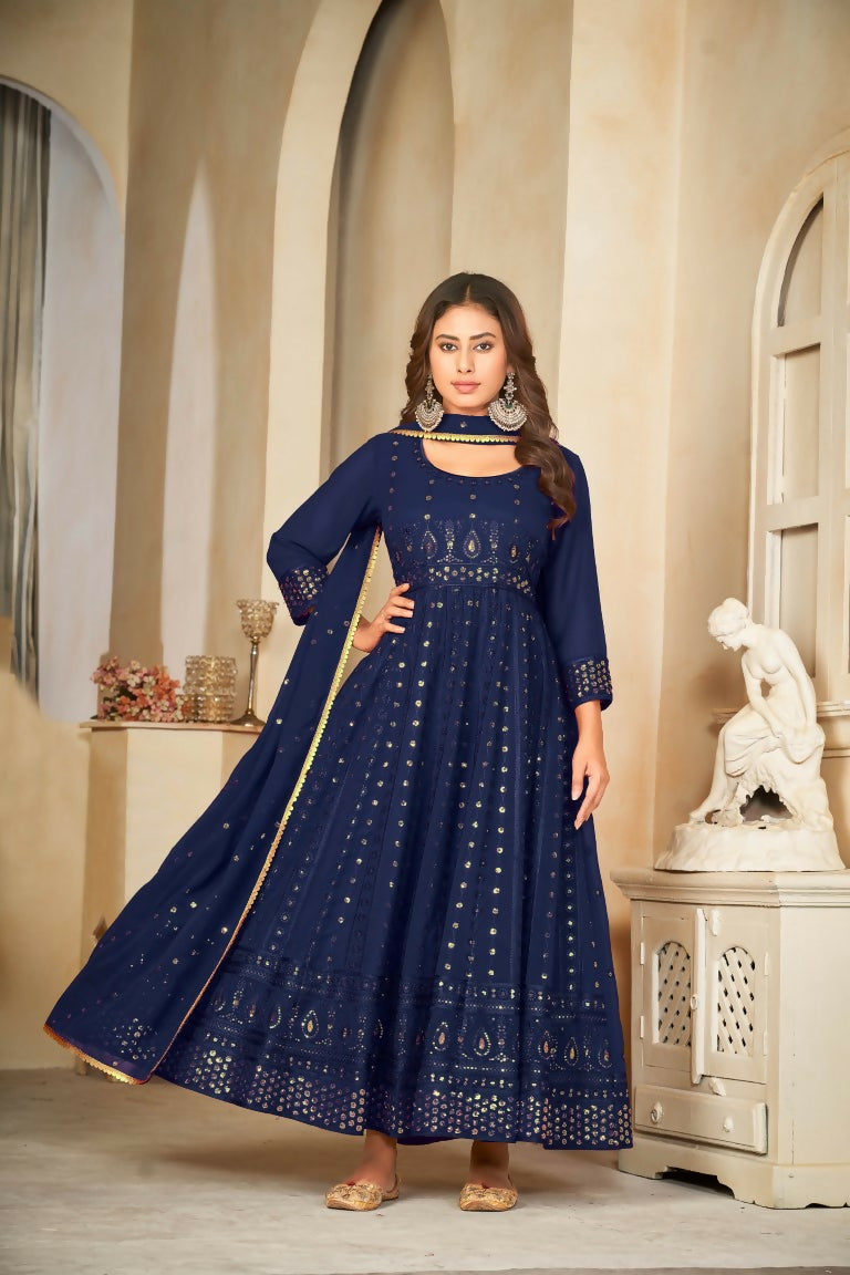 Elegant blue georgette embroidered Anarkali kurta pant set with matching dupatta