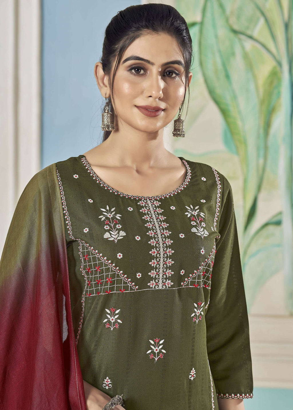Mehendi Green Pure Viscose Stripe Kurta Set with Embroidery