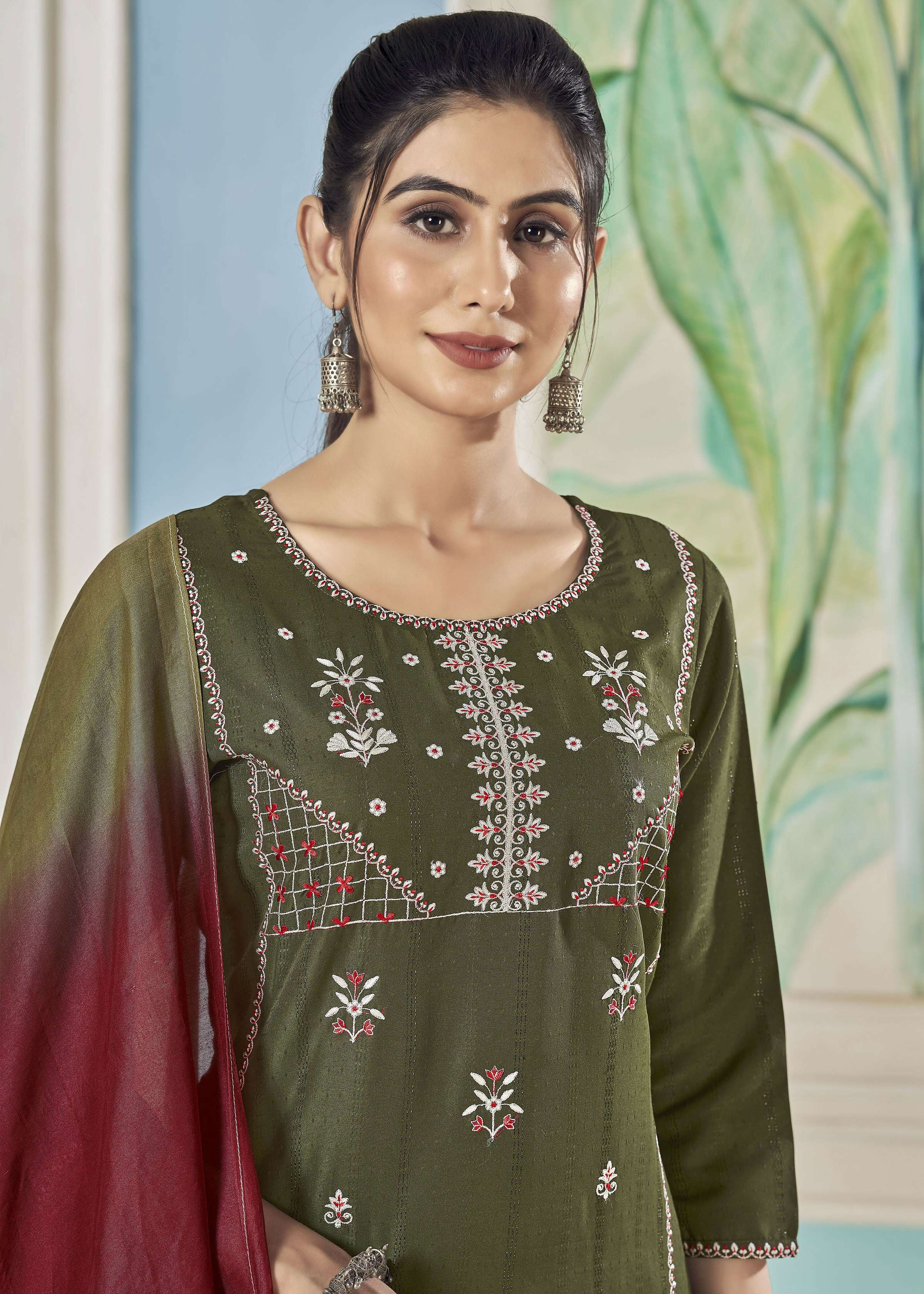 Mehendi Green Pure Viscose Stripe Kurta Set with Embroidery