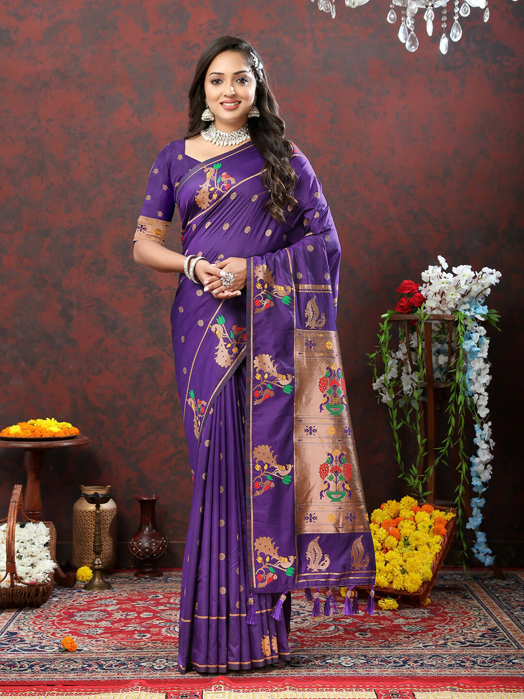 Purple Soft Paithani Silk Saree with copper zari Meenakari weaving