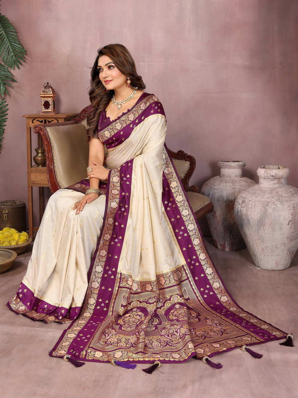 Cream Kalamkari Silk Saree with Elegant Zari Woven Border