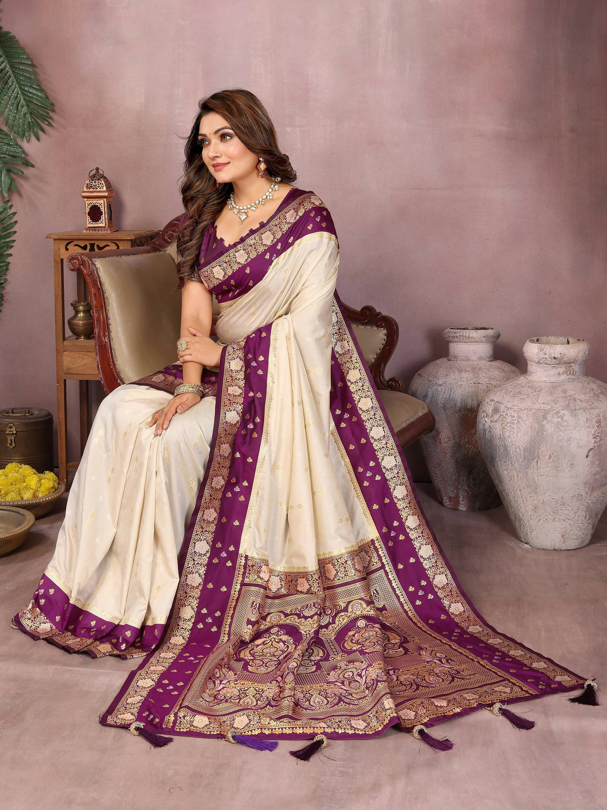 Cream Kalamkari Silk Saree with Elegant Zari Woven Border
